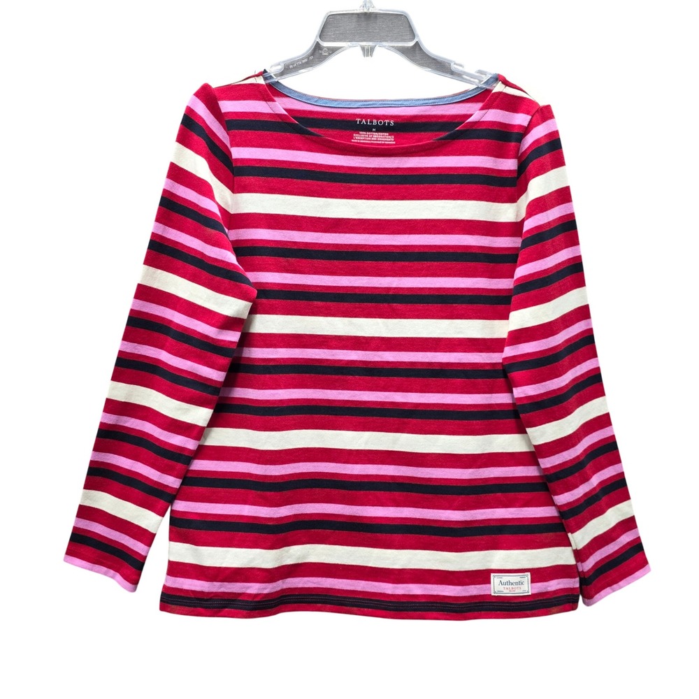 Talbots Authentic Striped Long Sleeve Cotton Top Red Pink Navy White M NEW